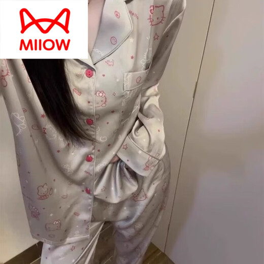 猫人（MiiOW）2025年夏季新款凯蒂猫睡衣女士长袖长裤开衫家居服两件套装新 834-3#双长黑色KT猫 XL