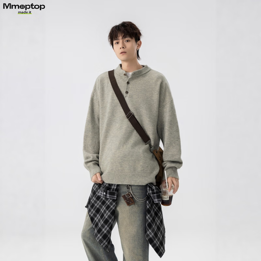 MMOPTOP Retro Henry Collar Sweater Men's Autumn and Winter Warm Loose Casual All-match Knitted Sweater MY109 Light Gray XL