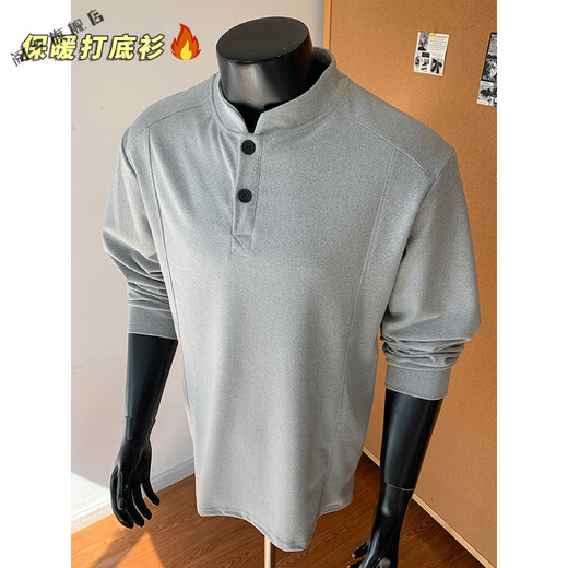 Yuexiang American Polo Henley sweatshirt men's autumn and winter trendy cleanfit pullover with German velvet bottoming shirt top hemp gray M