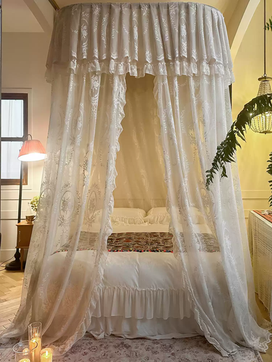 Yusenyihaha Yizhai new authentic French wall-mounted u-shaped curtain mosquito net for home heightening 2.6 meters 601 wall/single door lace milk tea + with double rail aluminum alloy drawstring wall bracket 1.5m bed width 150*length 200*height 240260cm