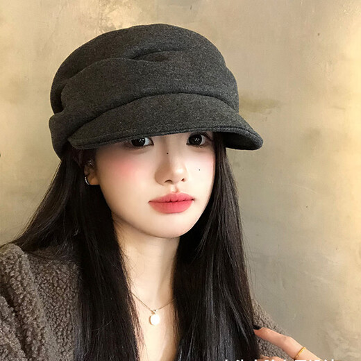 Yi Jian Japanese Yamamoto style black pleated beret women's autumn and winter new retro duck bill newsboy hat painter hat versatile retro pleated octagonal hat black one size (internally adjustable, suitable for small heads)
