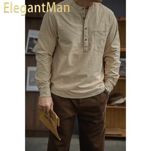 ElegantMan's workwear American retro cotton half-cardigan henley shirt with different color thread pocket shirt loose tough guy style men's winter apricot M