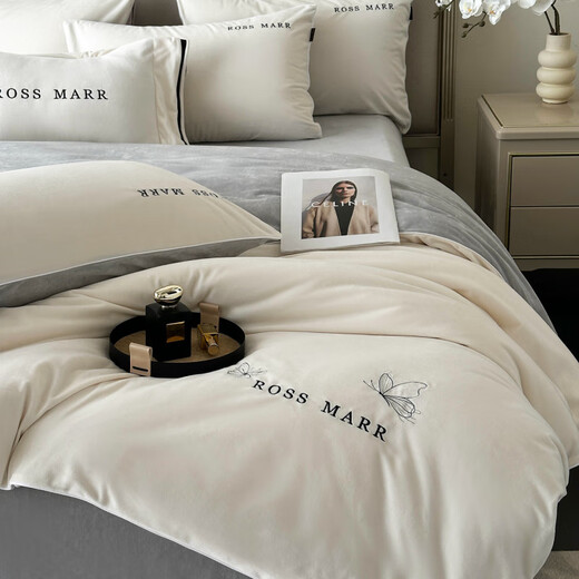 Hengyuanxiang high-end baby velvet warm four-piece set winter new thickened milk velvet sheets and quilt covers bedding category a baby velvet-white gray bed sheet 1.5m (5 feet)