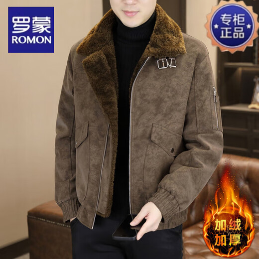 Romon fur collar fur all-in-one leather jacket for men 2025 velvet thickened lapel motorcycle leather jacket winter trendy brand warm jacket black L