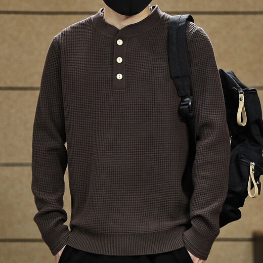 Yilang cool American retro Henry collar solid color sweater men's autumn new loose heavyweight high-end textured sweater for men red coffee L suitable for 130-145Jin Jin equals 0.5 kg