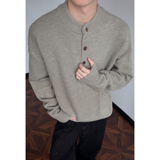 Old Money Style Henley Collar Sweater Men's Spring and Autumn Loose Trendy Heavyweight Knitwear Trendy Brand Premium Sense Floral Gray 2XL
