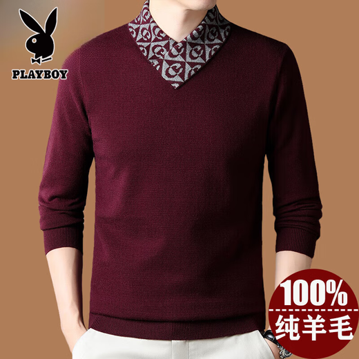 Playboy high-end men's wool sweater 100% wool 2025 new V-neck sweater autumn and winter fashionable pure wool bottoming shirt for men 927 models pure black XL 175 recommended weight 135-155Jin Jin equals 0.5 kg