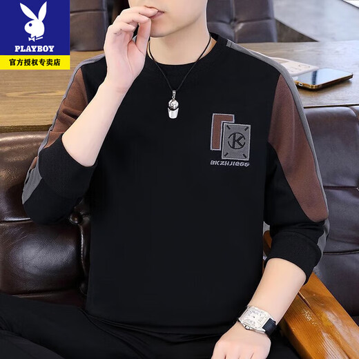 Playboy Spring and Autumn Men's Sweatshirt 2026 New Round Neck Hoodless Embroidered Long Sleeve T-shirt Men's Trendy and Handsome Bottoming Top Spring and Autumn Style-8822 Black High Quality XL Recommended 130-150Jin Jin is equal to 0.5 kg