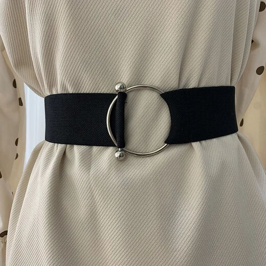Jinbing women's belt black simple waistband elastic loose tight round buckle waist with sweater shirt fashion dress belt gold buckle black