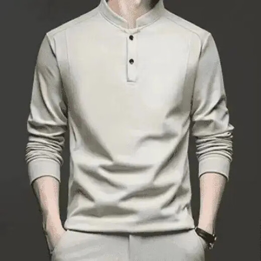 FR.YH.ZH Cotton Daji Cotton Industry Autumn and Winter Double-sided German Velvet Bottoming Shirt Men's Henry Trendy Versatile Long Sleeve T-Shirt Stand Collar Sweatshirt Gray 4XL