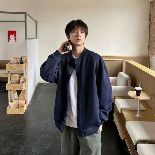 Hong Kong literary men's 340g heavy cardigan thick cotton T men's autumn cleanfit solid color Henry collar button coat floral gray M M