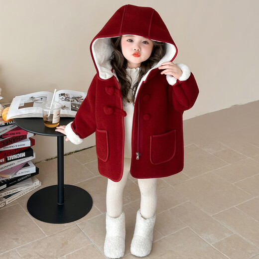 靓贝城堡女童加绒冬装外套2025新款洋气宝宝加厚保暖一体绒中长款呢大衣 红色带围巾 110