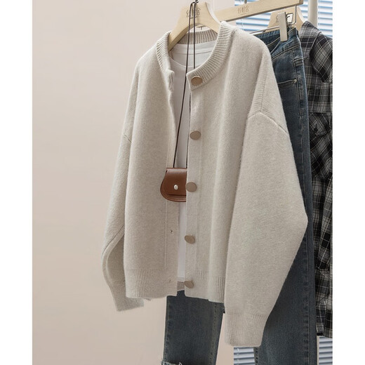 Sibaishe Single-breasted Knitted Cardigan Women's 2026 Spring New Round Neck Loose Warm Sweater Jacket