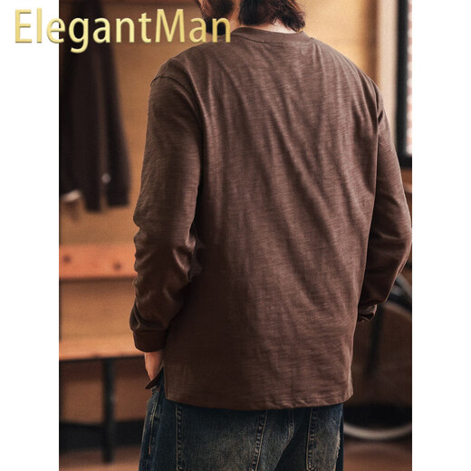 ElegantMan American outdoor mountain bamboo cotton long-sleeved T-shirt men's autumn new tough guy Henry collar bottoming shirt Brown M _Suitable for 110-130Jin Jin equals 0.5 kg