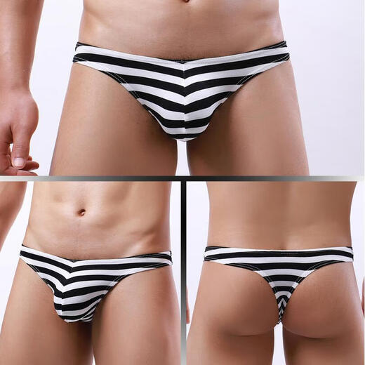 Japanese and Korean men's sexy underwear bottoms, low-waisted striped U-convex thong, six-pack, black and white stripes + sapphire blue and white strips + blue and white strips + brilliant blue and white strips + gray and white stripes + red and white stripes M