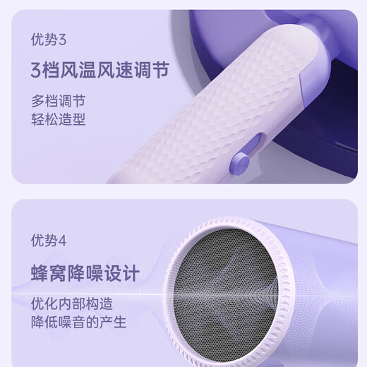 Xiaomi Buyi home hair dryer, light sound, negative ions, high power, non-harming, constant temperature hair care, portable, home hair dryer for business trips, quick-drying, foldable hair dryer for student dormitories, Charming Purple | 800W | for dormitories