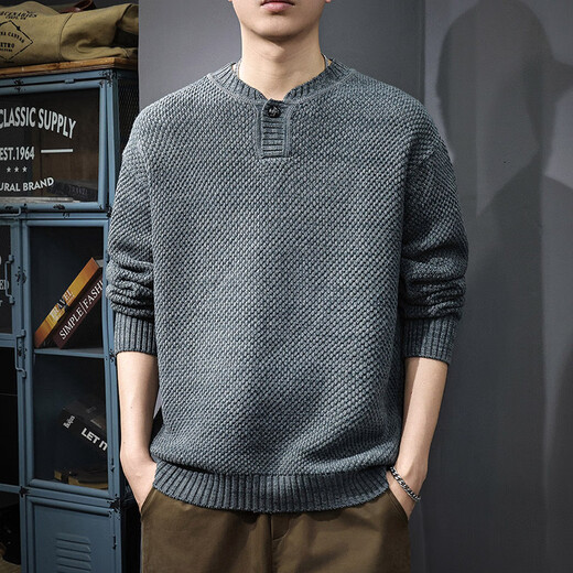Chaotishi Autumn Trendy Japanese Retro Henley Collar Sweater Men's Pullover Loose Knitwear Autumn and Winter New Style Inner Sweater Floral Gray S 90-115Jin Jin is equal to 0.5 kg