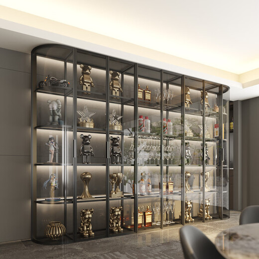 Yusenyi wall-mounted custom glass wine cabinet brushed gold display cabinet black frame + tea glass 1200x2000mm including wine glass holder