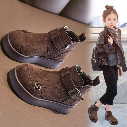 Children's velvet boots and short boots 2025 new autumn and winter girls' middle and older children's Martin trendy British Birkenstock cotton shoes coffee color* flagship version factory craftsmanship 34 yards inner length 20.7CM