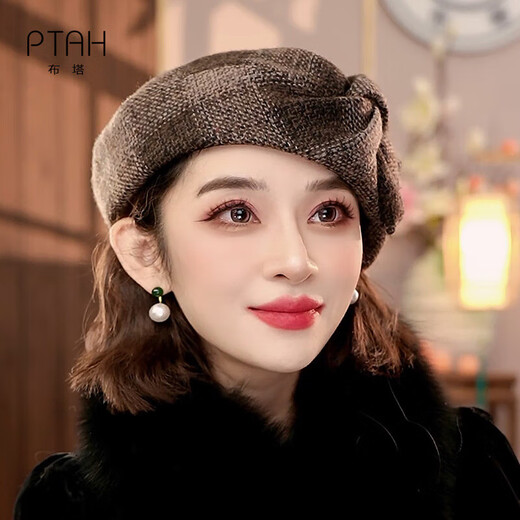 2025 New Buta Autumn and Winter Knotted Hat Woolen Beret Women's British Retro Painter Hat Bere Hat Light Luxury Maillard One Size Adjustable