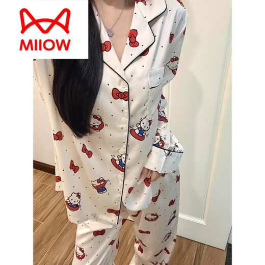 猫人（MiiOW）2025年夏季新款凯蒂猫睡衣女士长袖长裤开衫家居服两件套装新 834-3#双长黑色KT猫 XL