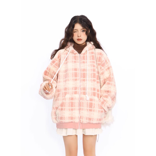 Jingdomeng thickened small fragrance lamb plush jacket for women 2025 autumn and winter new style unique and good-looking soft and waxy cotton-padded clothes pink L (110-120)