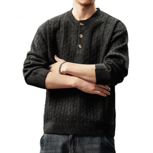 Bmuvlss high-end men's high-end old money style Henry collar sweater for men 2025 autumn and winter new loose lazy style sweater for men carbon black M suitable for 100-120Jin Jin equals 0.5 kg