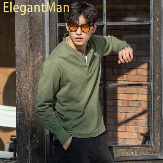 ElegantMan American Retro Henley Long Sleeve T-Shirt Men's 250g Cotton Side Seamless 2025 Winter Henley Collar Bottoming Shirt Green_ 250g Heavy Cotton S _Reference-125Jin Jin is equal to 0.5 kg