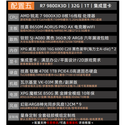 GIGABYTE AMD Ryzen R7 9800X3D/7800X3D/9700X no graphics card transition configuration barebones e-sports network game water cooling can be used with RTX5070Ti computer host 5 R7 9800X3D丨32G丨1T