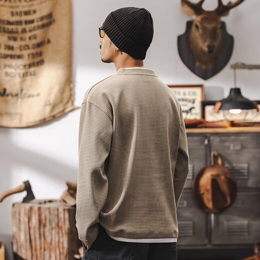 Jay Leno American retro fake two-piece 400g heavyweight t-shirt men's long-sleeved European velvet sweatshirt men's spring and autumn velvet Henry shirt men's apricot plus velvet M suitable for 100-120Jin Jin equals 0.5 kg