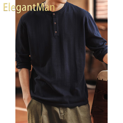 ElegantMan Blue Deer American Tough Guy Henry Collar Long Sleeve Sweater Men's Autumn and Winter Loose Soft Warm Bottoming Shirt Navy S _Suitable for 90-110Jin Jin is equal to 0.5 kg