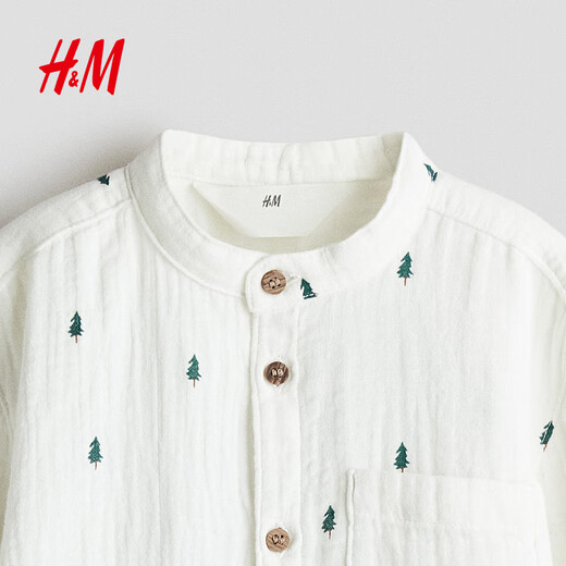 H&M Children's Clothing Children's Boys' Shirts 2026 Spring New Cotton Muslin Chinese Collar Collarless Shirt 1254677 White/Fir Tree 150 150/76 (11-12Y)