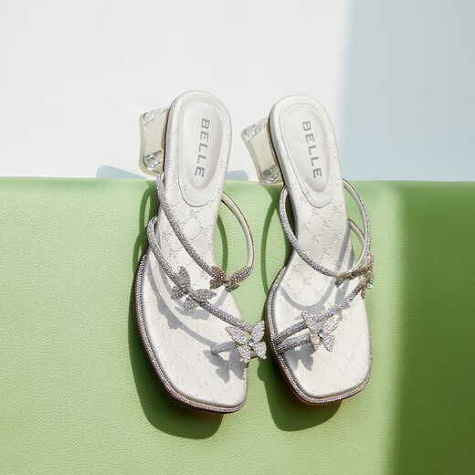 Belle rhinestone flip-flops for women 25 Xia Xin shopping mall same style increasing slippers D6E1DBT5 silver (thick heel) 37