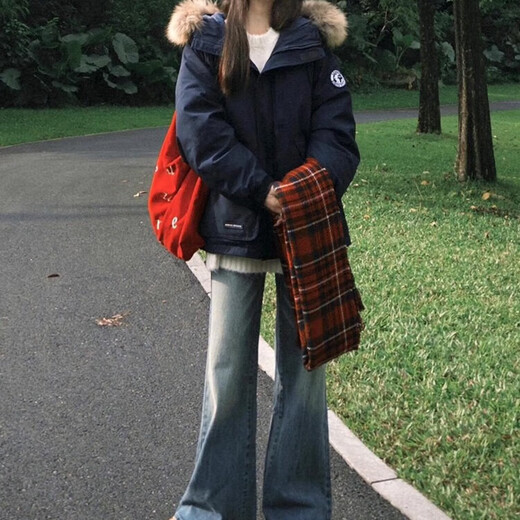 Down cotton-padded jacket for women in winter 2025 new style parka for women small, removable fur collar cotton-padded jacket, versatile jacket, navy blue, thickened, cold-resistant, non-running cotton, M recommended 100-120Jin Jin equals 0.5 kg