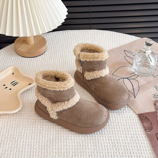 Genuine leather girls' cotton shoes, winter children's velvet shoes, warm snow boots, baby winter shoes, furry shoes, Birkenstock boots, khaki flagship version, upgraded quality 25, inner length 15.5cm