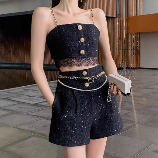HONGSILINYI small fragrance suit women's autumn and winter hair accessories ladylike temperament short coat camisole wide leg shorts three-piece set black three-piece set S