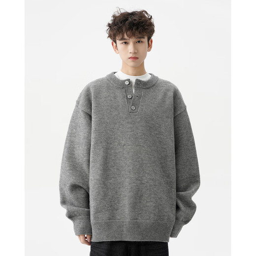 AX Armani American solid color Henry collar sweater for men in autumn and winter new trendy brand-style sweater casual warm couple outer light gray M