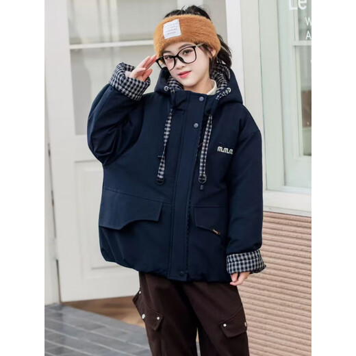 Burwilde International Brand Girls' Cotton Clothes Winter Clothes 2025 New Style Children's Velvet Thickened Cotton Clothes Winter Plaid Splicing Pink 120 cm