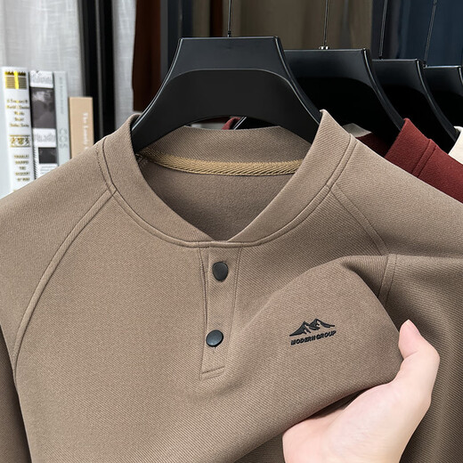 GOLDLION G+Goldlion broken code 2026 German velvet two-button Henry collar sweatshirt men's autumn and winter new casual pullover loose khaki M (recommended 95-110Jin Jin is equal to 0.5 kg)