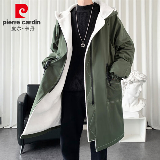 Pierre Cardin windbreaker men's mid-length coat autumn and winter warm cotton coat winter velvet thickened sherpa coat hooded cloak black-velvet thickened XL 140-160Jin Jin equals 0.5 kg