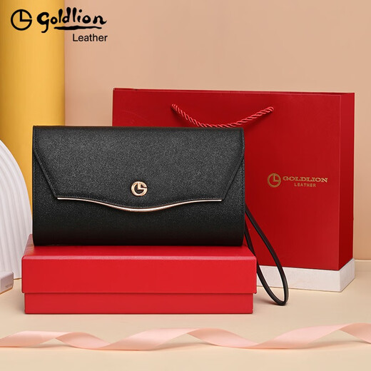Goldlion Women's Handbag 2025 New Fashion Versatile Clutch Large Capacity Multifunctional Clutch Genuine Leather Mobile Phone Bag Portable Black Official Authentic