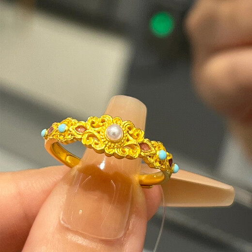 QMXD palace style Shao gold bead falling gold ring for women, ancient imitation gold sand index finger ring, long-lasting, light luxury and versatile single ring, Shao gold bead falling ring, opening adjustable