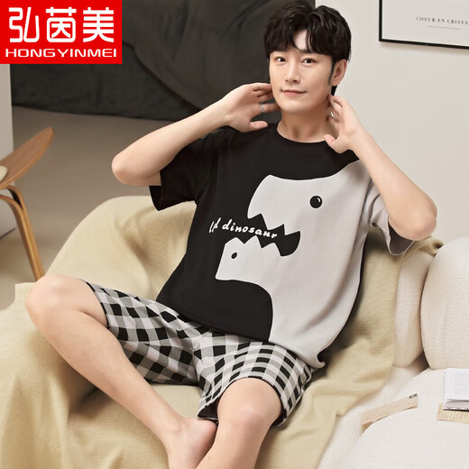 弘茵美夏天睡衣男纯棉短袖卡通夏季男士睡衣薄款全棉家居服青少年学生 XY1098懒熊 L 小码(高160-165 80-100斤)
