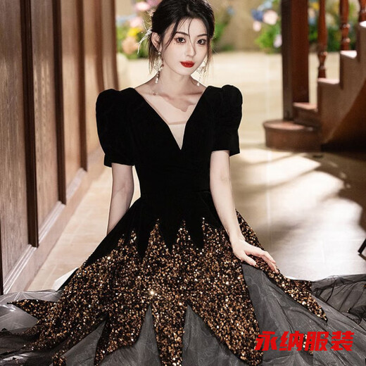 Mei Anjia black V-neck evening dress high-end light luxury niche host catwalk solo performance test clothing elegant lady black 2XL