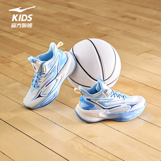 Hongxing Erke (ERKE) children's shoes for boys and girls, dense tennis shoes, children's cushioning strap basketball shoes, microcrystalline white/light oxygen blue 35