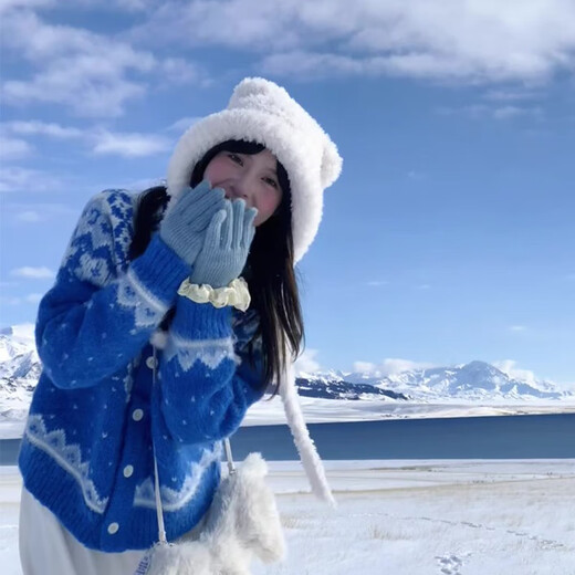 Harudi Fair Island blue jacquard sweater cardigan for women 2025 winter new lazy style thickened sweater top jacket blue one size fits all (115Jin Jin is equal to within 0.5 kg)