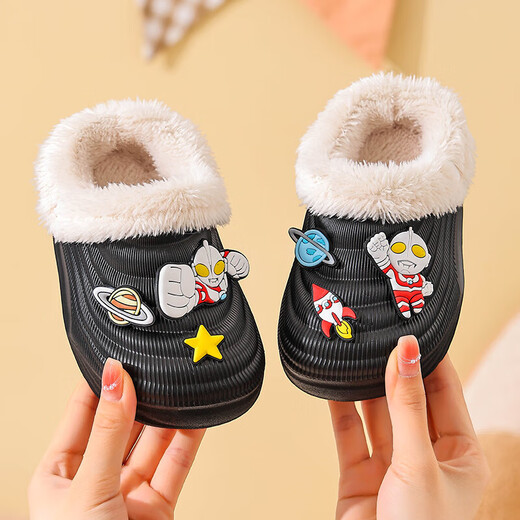 EVA children's cotton slippers Ultraman winter cartoon cute anti-slip plus velvet warm waterproof parent-child cotton shoes EVA warm anti-slip upgraded version green 30 inner length 17-17.5cm