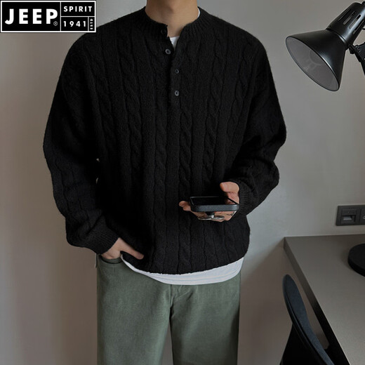 JEEP SPIRIT Lazy Henry Collar Sweater Men's Autumn and Winter Style Korean Style Casual Loose Niche Knitwear Men Navy Blue M