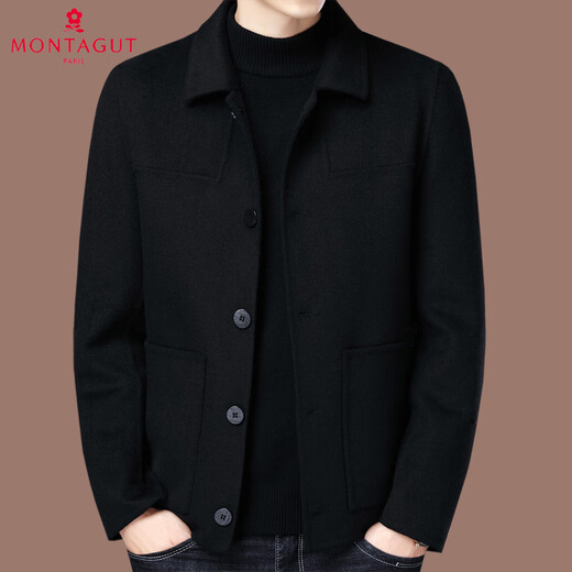 Montagut Double-sided Cashmere Coat Men's Middle-aged Autumn and Winter Short Lapel Jacket Wool Woolen Casual Jacket Black 2XL 185/100A