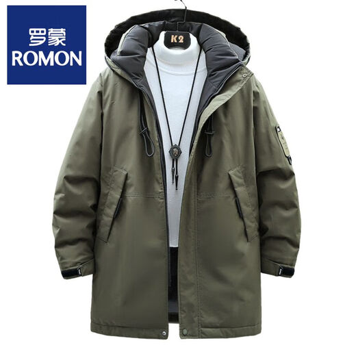 ROMON mid-length cotton-padded jacket for men in winter, hooded thickened cotton-padded jacket, warm and handsome military coat, workwear down jacket for men, military green 2375 S
